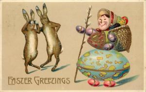 Embossd Chromograph Postcard Standing Rabbits Check out Lady Made of Easter Eggs