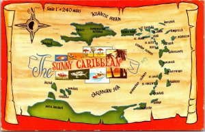 VINTAGE POSTCARD MAP OF THE CARIBBEAN ISLANDS MAILED FROM BARBADOS 1986