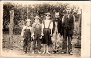 RPPC Barefoot Girl with 4 boys farm hillbilly overalls