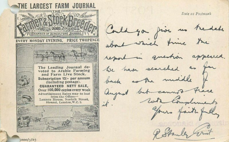 Largest Farm Agricultural Journal The Farmer and Stock-Breeder advertising card