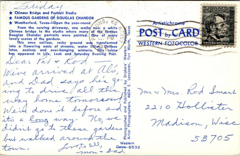 Vtg 1960s Douglas Chandor Garden Chinese Bridge Weatherford Texas TX Postcard