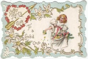 Die Cut Vintage Valentine Card Girl Spreading Rose Petals My Heart's Gift Poem