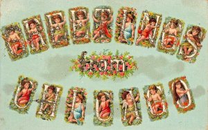 GREETINGS FROM CHICAGO~LARGE LETTER SPELLED WITH CHERUBS~1910s POSTCARD