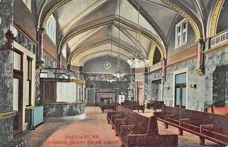 Portland ME Interior Grand Trunk Railroad Station Train Depot Postcard