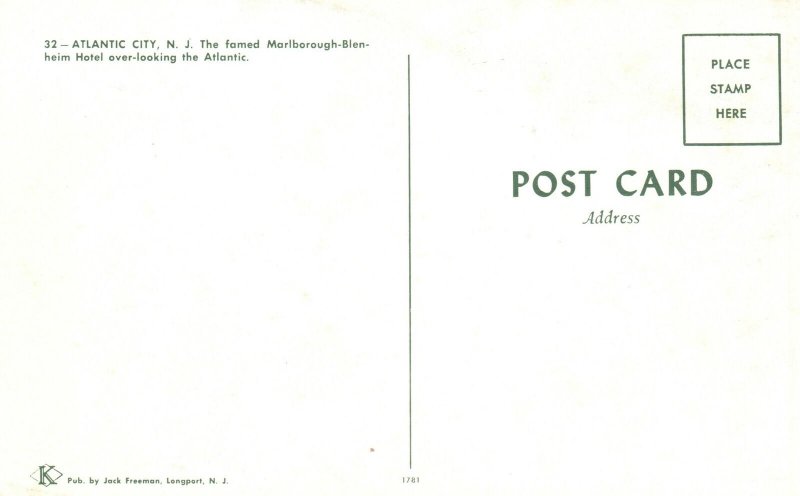 Vintage Postcard Marlborough-Blenheim Hotel Atlantic City New Jersey NJ