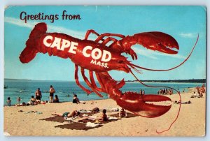 Cape Cod Massachusetts Postcard Greetings Beach Lobster Exaggerated 1966 Vintage