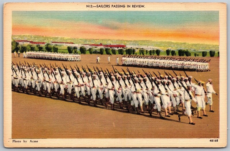 Vtg Military Sailors Passing In Review Marching US Navy 1940s Linen Postcard