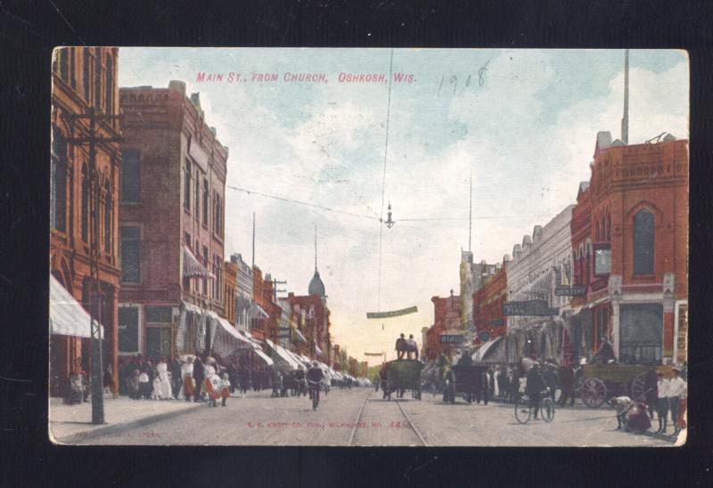 OSHKOSH WISCONSIN DOWNTOWN MAIN STREET SCENE ANTIQUE VINTAGE POSTCARD