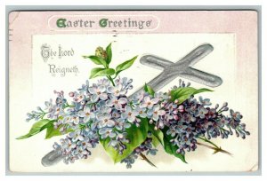 Vintage 1911 Tuck's Easter Postcard Silver Cross Beautiful Purple Flowers NICE