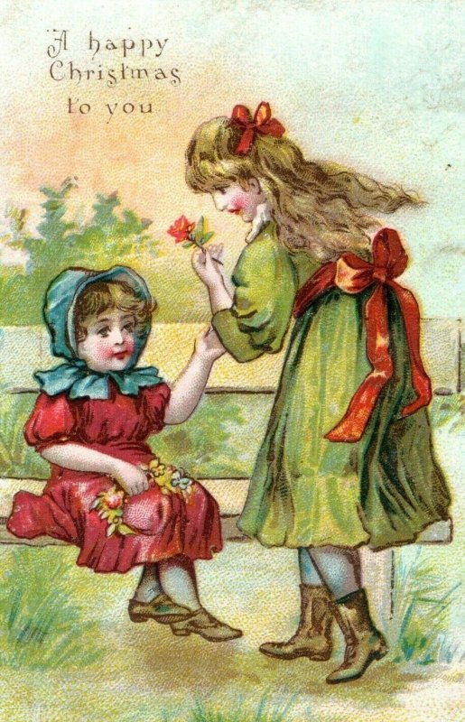 Christmas Victorian Card Holiday Pretty Girls Bonnet Flowers Nice Image P49