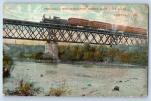 Janesville Wisconsin WI Postcard Chicago North-Western Bridge Rock River 1912