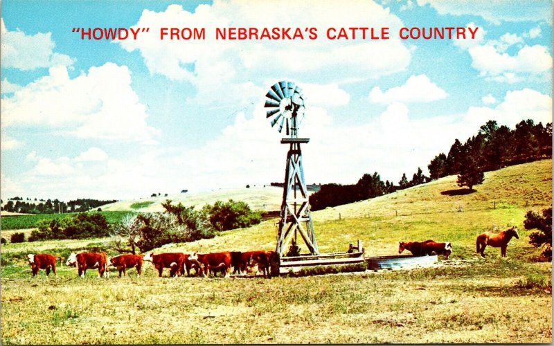 Howdy Nebraska Cattle Country Hereford Angus Cattle Beef Windmill VTG Postcard 