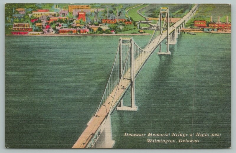 Wilmington Delaware~Memorial Bridge At Night~1940s Linen Postcard