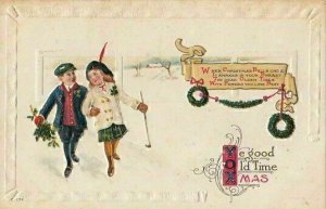 Postcard Christmas Children Fancy Clothes Ye Good Old Time Xmas
