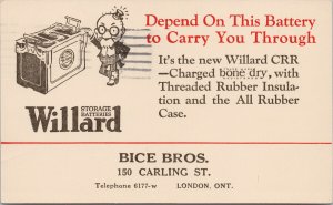 Willard Battery Storage Bice Bros London Ontario c1925 Advertising Postcard E88