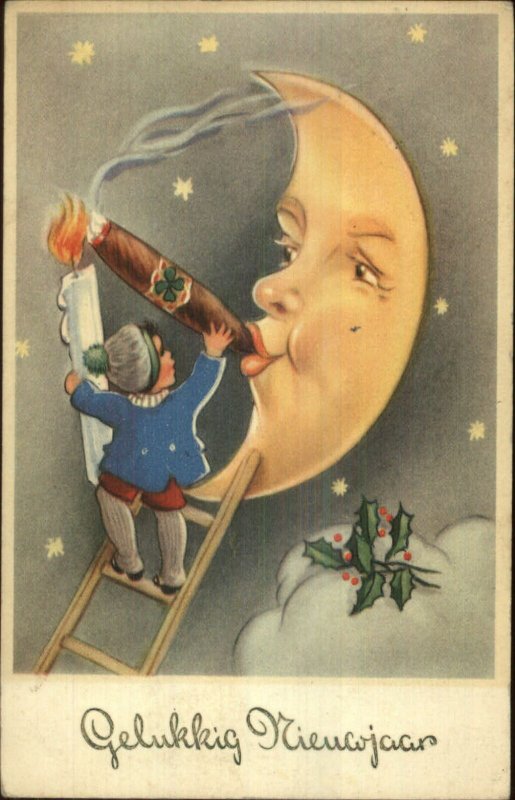 New Year Fantasy Man in the Moon Smoking Cigar Old Postcard