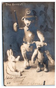 1907 Teddy Bear Dressed as Policeman The Arrest Real Photo Postcard