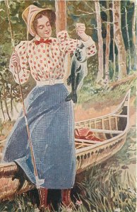 c1910 Woman fishing catch canoe artist impression Postcard 25-11457