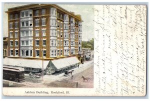 Rockford Illinois IL Postcard Ashton Building Trolley Horse Carriage 1909 Posted