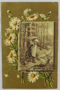 Young Girl Standing Down Stream River, Beautiful Daisies Border - Trade Card