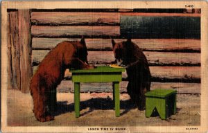 Bears Eating at Table, Lunch Time in Maine c1945 Vintage Linen Postcard O19