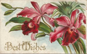 Ruby Red and Blush colored Lilies with Palm Frond Best Wishes Vintage Postcard