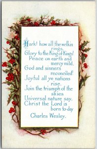 Hark How All The Welkin Rings, Christmas Poem By Charles Wesley, Holly, Postcard