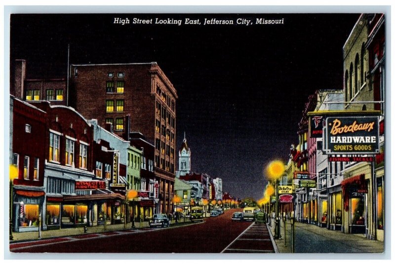 Jefferson City Missouri Postcard High Street Looking East Night View Hardware