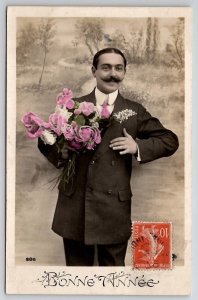 Handsome French Man Pink Flowers RPPC Tinted Photo Bonne Annee Postcard V23