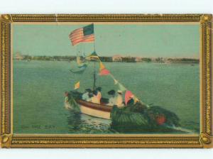 Pre-Linen Patriotic BIG USA FLAG FLYING ON SMALL BOAT AB8283