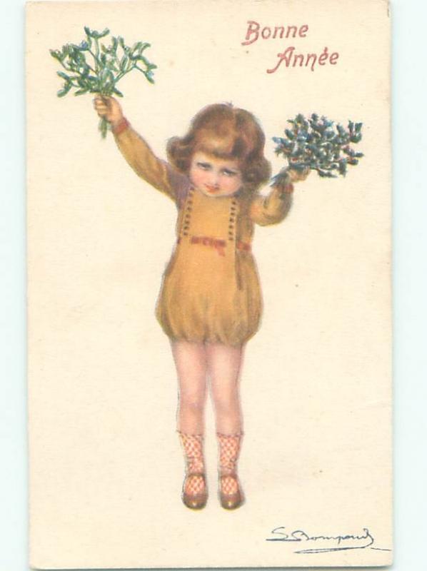 foreign c1910 Christmas signed FRENCH GIRL HOLDS UP MISTLETOE AND HOLLY AC2959