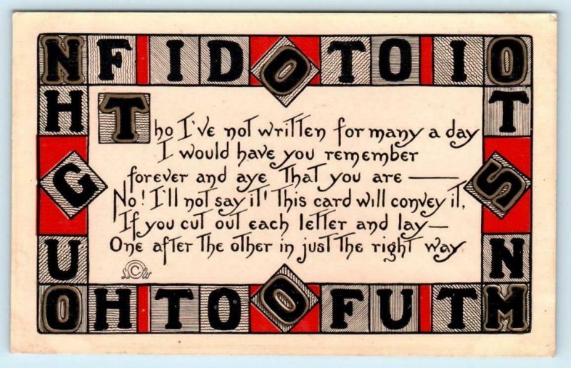 ANAGRAM - Puzzle Postcard HIDDEN MESSAGE ca 1910s Cut Out Each Letter