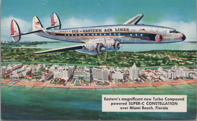 Postcard Airplane Eastern Air Lines Super C Constellation Miami Beach FL