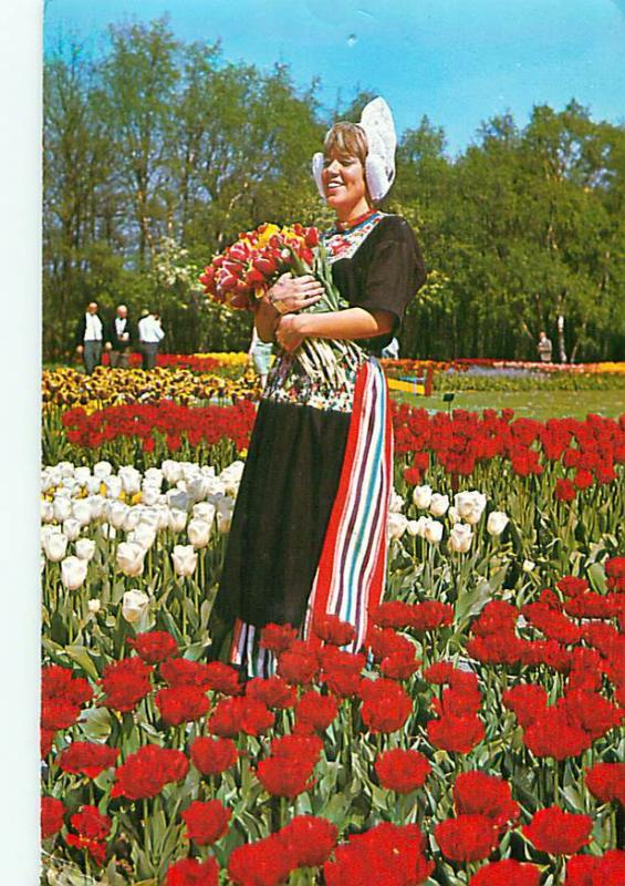 Holland Young Lady Holding Tulips in Tulip Garden Flowers  Postcard  # 8080