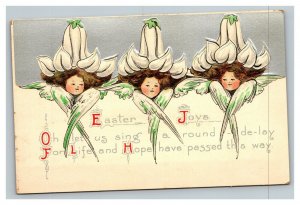 Vintage 1910's Art Deco Easter Postcard Girls in Huge White Flower Hats NICE