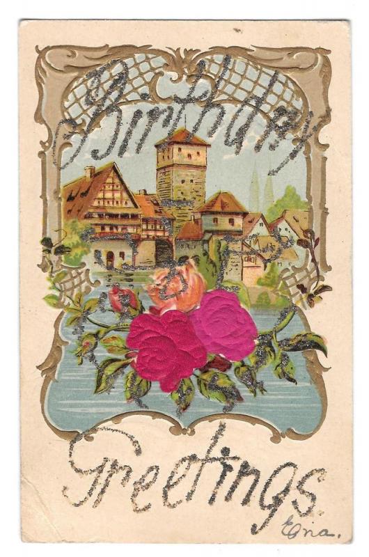 Birthday Greetings Glitter Silk Red Roses Vintage Postcard