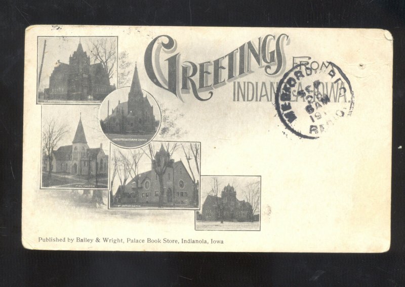 GREETINGS FROM INDIANOLA IOWA PALACE BOOK STORE VINTAGE POSTCARD MEDFORD ORE