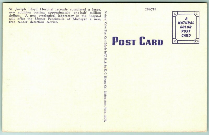 St Joseph Lloyd Hospital Menominee Michigan MI UNP Linen Postcard F14