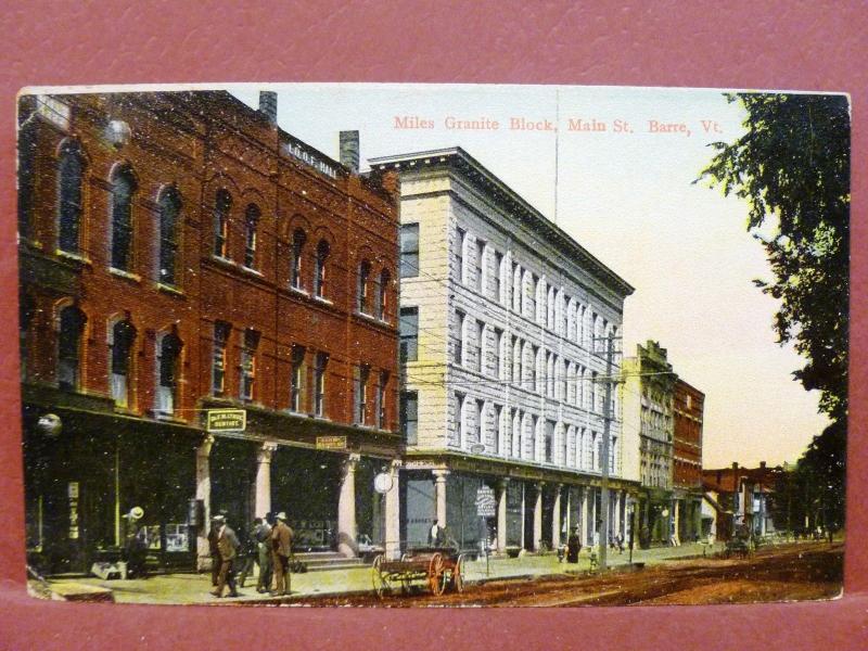 Postcard VT Barre Main Street View Miles Granite Block Showing Dentist