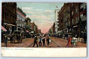 Peoria Illinois IL Postcard Adams Street Looking North Exterior Building c1907