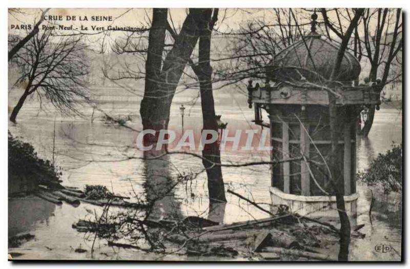 Crue of the Seine Old Postcard Pont Neuf Paris Le Vert Galant floods