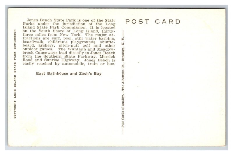 Jones Beach State Park East Bathhouse Zach's Bay New York Albertype Postcard U22