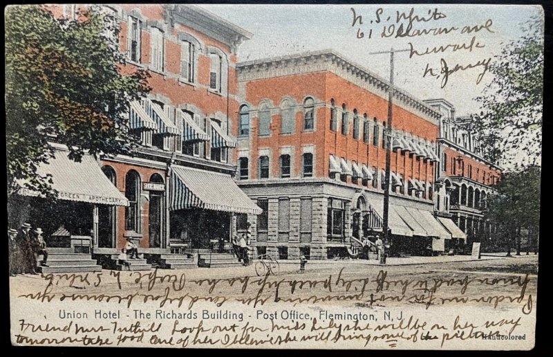 Vintage Postcard 1908 Union Hotel, The Richards Building, Flemington, NJ