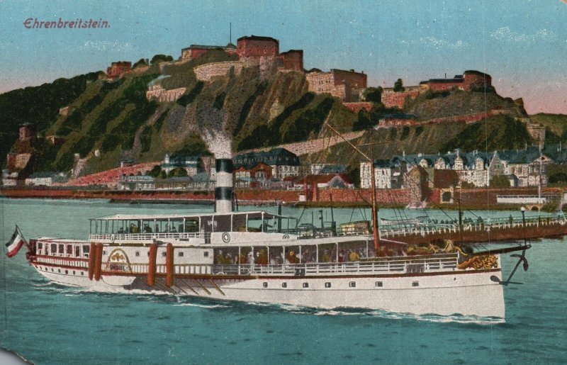 Ehrenbreitstein Fortress Germany, S.S. Steamer Sailing Boat, Vintage Postcard