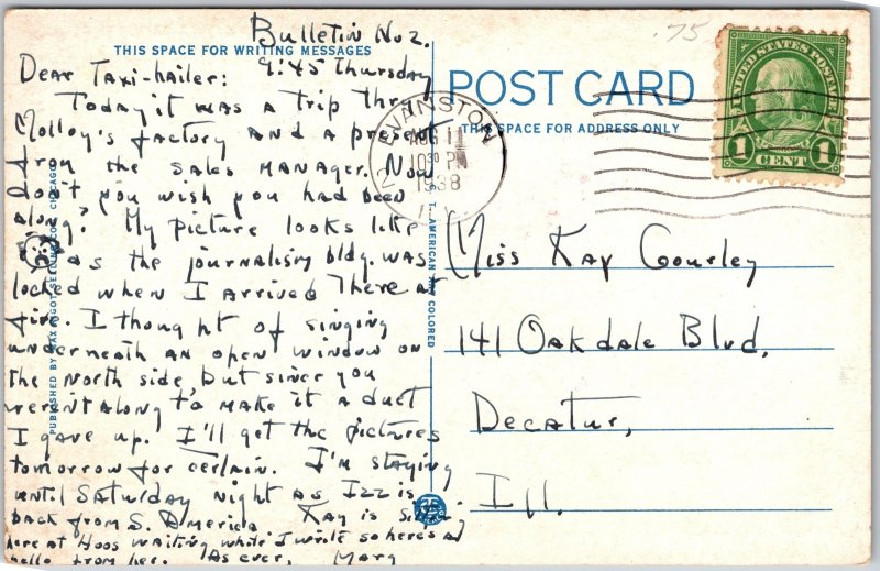 Evanston Illinois ILL, 1938 Men's Dormitory, Northwestern University, Postcard