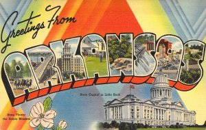 Beautiful Linen Large Letter, Arkansas, AR, Tichnor Publ, Old Postcard