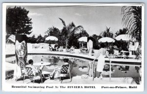 1953 PORT-au-PRINCE HAITI RIVIERA HOTEL SWIMMING POOL LAWN CHAIRS POSTCARD