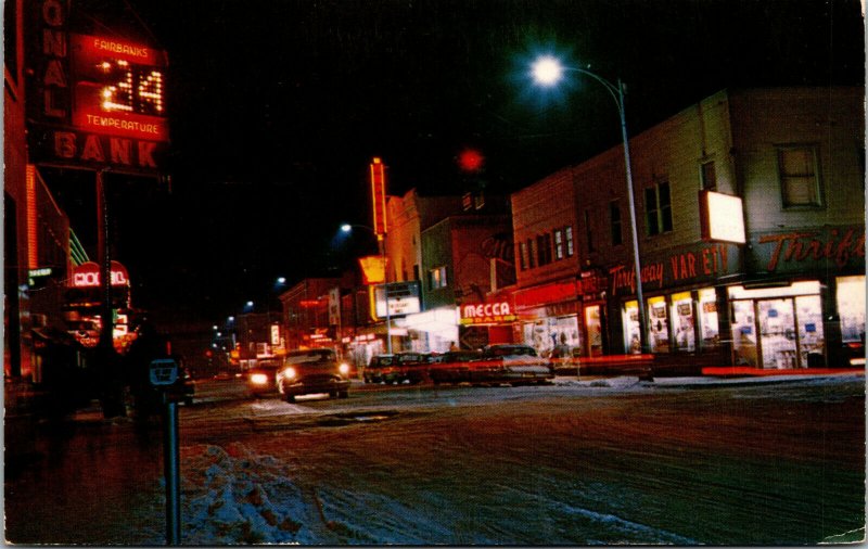 Vtg 1950s Night Scene on Second Avenue Fairbanks Alaska AK Unused Postcard