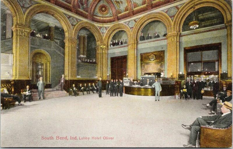 South Bend IN Hotel Oliver Lobby Interior c1915 Wollpert Postcard F7