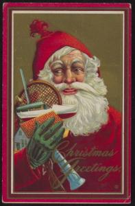 Early 20th c. Santa in red w/green gloves carrying gifts embossed color postcard